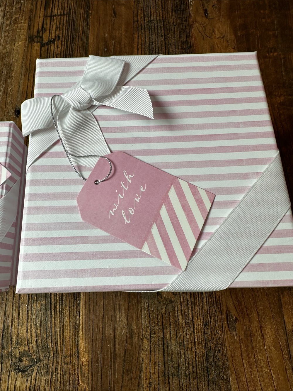 Striped Pink Gift Boxes with Ribbon - Set of 2 - Picture 2 of 14